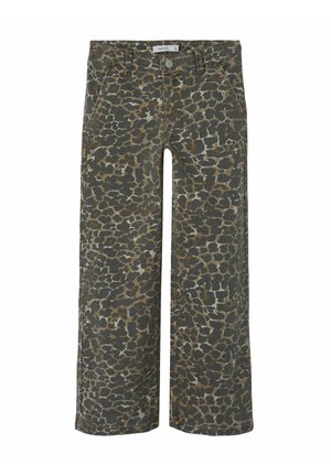 Pantalons larges en imprimé léopard dans des tonalités de terre atténuées, avec une fermeture à bouton et des poches avant, réalisés en tissu en mélange de coton durable.