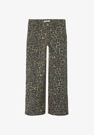Leopard-print wide-leg trousers in muted earth tones, featuring a button closure and front pockets, made from durable cotton blend fabric.