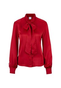 Rote Satinbluse mit langen Ärmeln, einer gebundenen Schleife am Kragen und Knopfverschlüssen. Die Manschetten sind elastisch für einen gerafften Effekt.