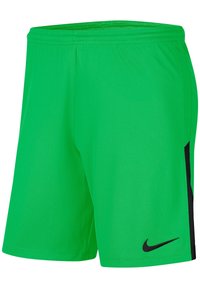 Gröna idrottsshorts i lätt tyg, med en svart sidopanel i mesh och en liten svart Nike-logotyp på nedre vänstra sidan.