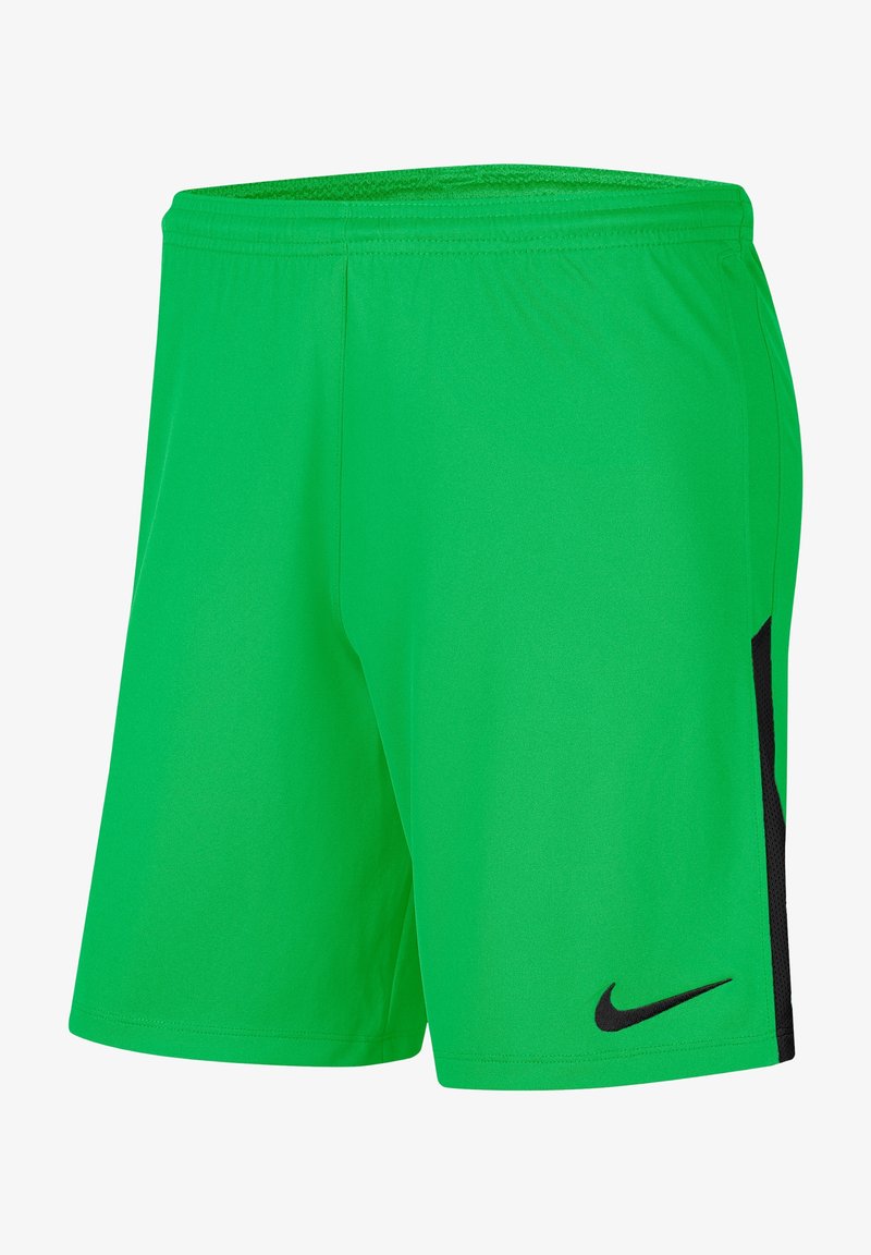 Pantalones cortos deportivos verdes hechos de una tela ligera, con un panel de malla negra en el lateral y un pequeño logotipo de Nike negro en la parte inferior izquierda.