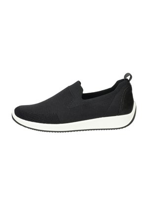 Zwarte instapsneaker van ademend materiaal. Voorzien van een gestructureerde voorkant, elastische zijpanelen en een witte rubberen zool met een gestructureerde grip.