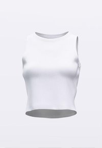 Valge soonikuga crop-top ümar-kaelusega ja varrukateta disainiga, millel on tekstuuriga kangas ja sirge ääreliin.