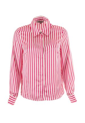 Chemise rayée présentant des rayures verticales rose et blanche, un col, des manches longues et une fermeture à boutons à l'avant et aux poignets. Texture de tissu lisse.