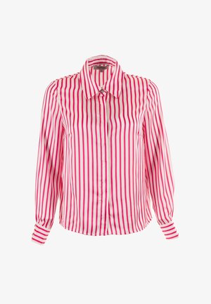 Camisa a rayas con rayas verticales en rosa y blanco, cuello, mangas largas y cierre de botones en la parte delantera y en los puños. Textura de tela suave.