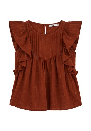 Blúzka bez rukávov v hrdzavej farbe s volánikovými detailmi na ramenách a jemnými zvislými kovovými pruhmi, so zaobleným výstrihom a zapínaním na gombík.