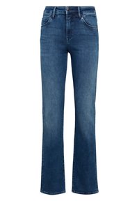 Dunkelblaue Jeans aus Jeansstoff mit einem ausgestellten Bein-Design, ausgestattet mit einem klassischen Fünf-Taschen-Stil und sichtbaren Nähten entlang der Ränder.