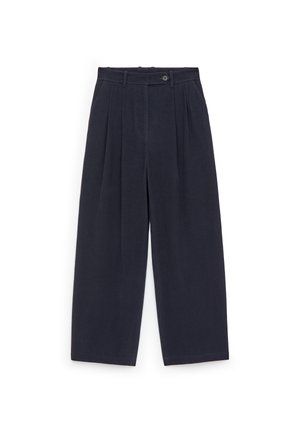 Wide-leg trousers in dark navy, made from textured fabric. Features pleats at the front, a buttoned waistband, and side pockets.