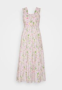 Klänning med blommönster, utan ärmar, som har en smockad byst, volangiga axelband och en lager-på-lager, flytande kjol i pastellrosa nyanser.