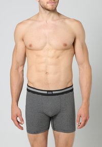 Svart och grå randiga boxershorts med elastisk midjeband som har varumärkesnamnet. Mjuk tyg med en tajt passform och med längd till mitten av låret.