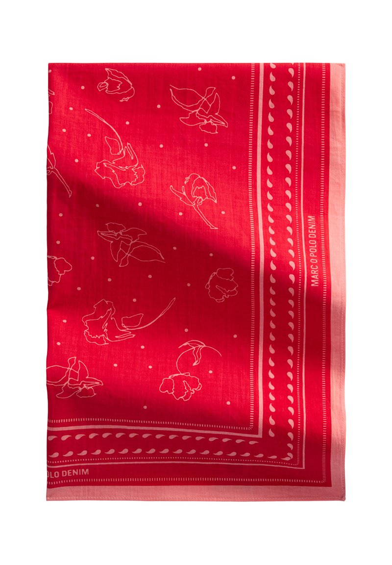 Roter Schal mit floralen Umrissen, kleinen weißen Punkten und einem kontrastierenden Randdesign. Hergestellt aus leichtem Stoff mit glatter Textur.