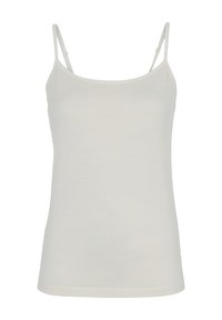 Hvid cami-top med tynde stropper, lavet af et blødt, let materiale med en glat tekstur og et simpelt, udekoreret design.