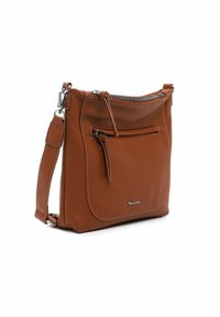 Braune Leder-Umhängetasche mit strukturiertem Finish, oberem Reißverschluss, Vorderfach mit Klappe und verstellbarem Schultergurt.