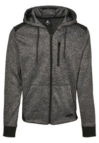 Sweat à capuche gris foncé zippé intégralement avec des patches noirs aux épaules, poches avant, poche poitrine zippée et capuche à cordon.