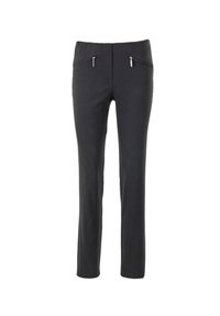 Zwarte stretchbroeken met een rechte pasvorm, voorzien van twee voorzakken met rits en een gladde textuur, geschikt voor casual of semi-formele kleding.