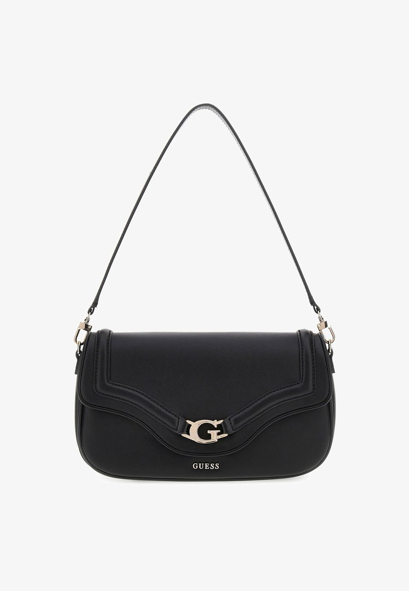 Sac à épaule en cuir noir avec rabat incurvé, fermeture argentée "G" et bandoulière amovible, marqué "GUESS" sur le devant.
