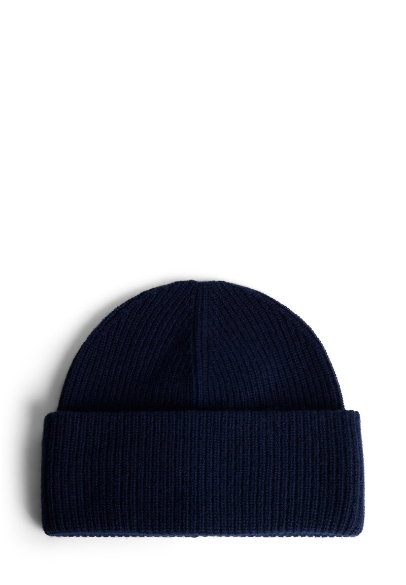 Navy blue ribbed knit beanie with a folded brim. Soft texture with vertical lines throughout. No visible logos or embellishments.