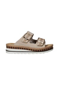 Beige suède sandaal met twee verstelbare bandjes, zilveren gespen en een kurkachtige platform met zwarte en bruine strepen. Witte rubberen zool.