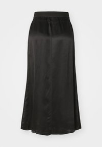 Svart sateng maxi skjørt med en glatt tekstur, bred elastisk midjebånd og utsvingt design, passende for både uformelle og formelle anledninger.