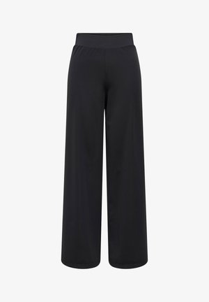 Mustat leveälahkeiset housut, joissa on joustava vyötärönauha, sileä kangas ja rento istuvuus, joka ulottuu nilkkoihin saakka.