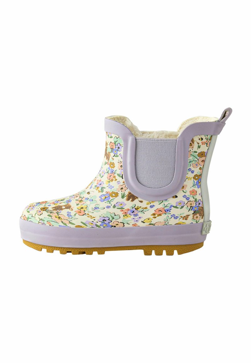 Muster Gummistiefel mit floralem Design in Pastellfarben, aus Gummi mit einer strukturierten Sohle und einem lilafarbenen Akzent oben.