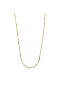 Gold chain necklace featuring elongated links with a smooth finish, showcasing a consistent texture and shine throughout its length.