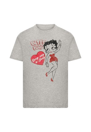 Graues Baumwoll-T-Shirt mit einem Betty Boop-Design, rotem Herzen und dem Text "Boop-oop-a-Doop", mit kurzen Ärmeln und klassischem Rundhalsausschnitt.