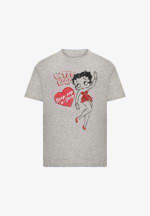 Graues Baumwoll-T-Shirt mit einem Betty Boop-Design, rotem Herzen und dem Text "Boop-oop-a-Doop", mit kurzen Ärmeln und klassischem Rundhalsausschnitt.
