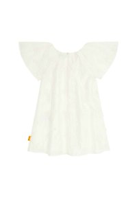 Robe blanche courte en tissu léger, avec des manches évasées et un décolleté froncé. Motif floral texturé subtil sur l'ensemble.