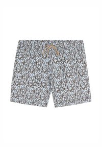 Un maillot de bain avec un fond bleu clair et un motif floral brun. Présente une taille élastique avec un cordon de serrage brun et un détail de logo.