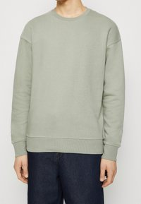 Lichtgroene sweatshirt met een ronde hals, lange mouwen en geribbelde boorden. Gladde textuur, casual pasvorm, gecombineerd met donkere jeans.
