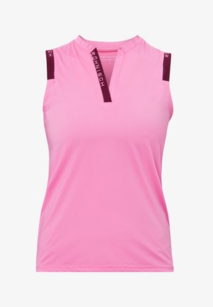 Rosa ärmlös topp med V-halsdesign, tillverkad av ett mjukt tyg. Har vinröda detaljer på axlarna med varumärkesnamn.