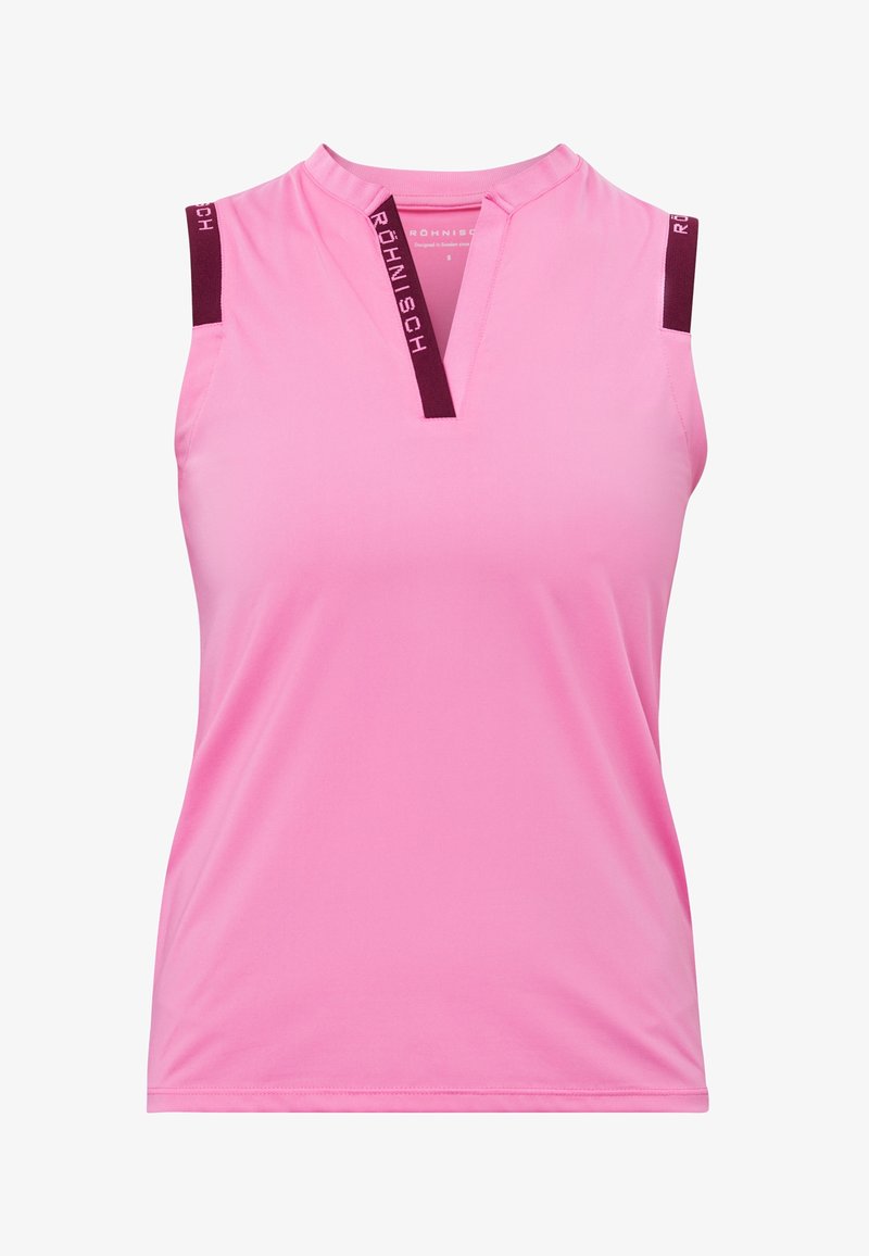 Vaaleanpunainen hihaton paita, jossa on V-pääntie ja joka on valmistettu sileästä kankaasta. Olkapäissä marooniväriset yksityiskohdat, jotka sisältävät brändin nimen.