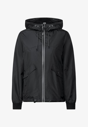 Zwarte lichtgewicht jas met een capuchon, ritssluiting aan de voorkant, twee zijzakken en verstelbare koordjes aan de onderkant en capuchon. Gladde textuur.