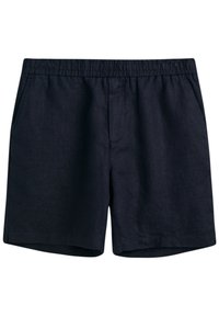 Shorts en lin bleu marine avec une taille élastique, deux poches latérales et une coupe décontractée ; texture lisse sans motifs visibles.