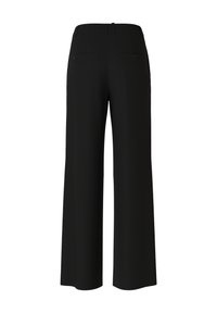 Black wide-leg trousers with a smooth texture, featuring a waistband and two back pockets. Simple design with no visible patterns or hardware.