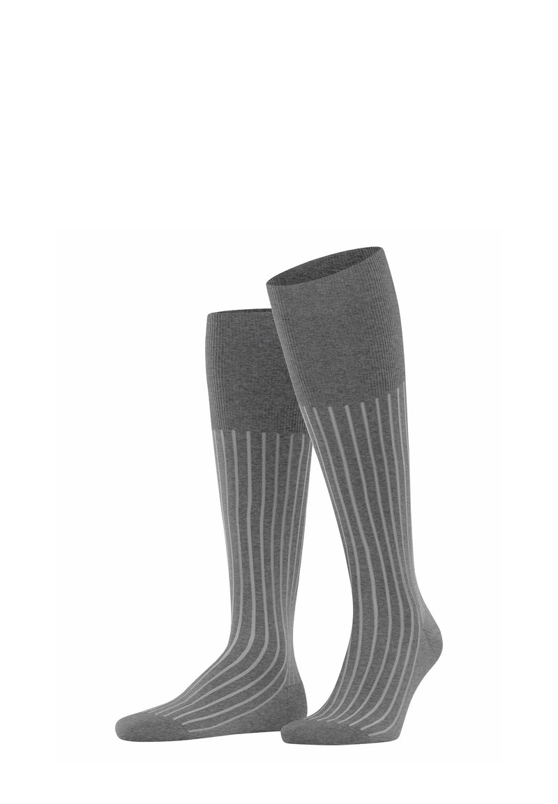 Calze al ginocchio in tessuto grigio medio, con una parte superiore a coste e sottili strisce bianche verticali, per un aspetto sportivo e texture.