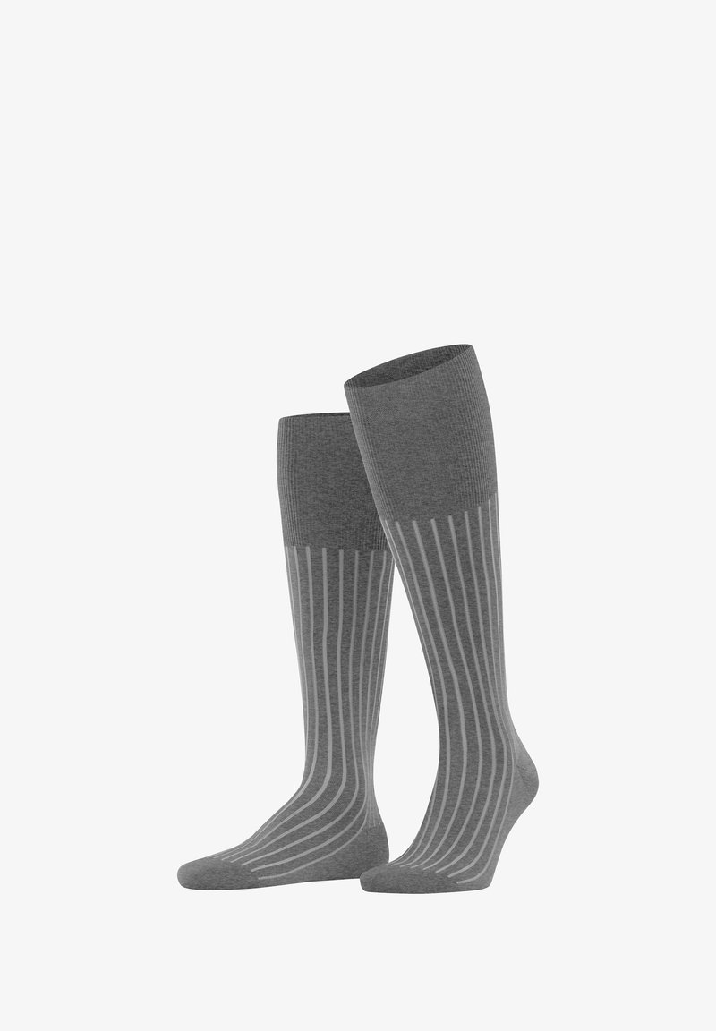 Calze al ginocchio in tessuto grigio medio, con una parte superiore a coste e sottili strisce bianche verticali, per un aspetto sportivo e texture.