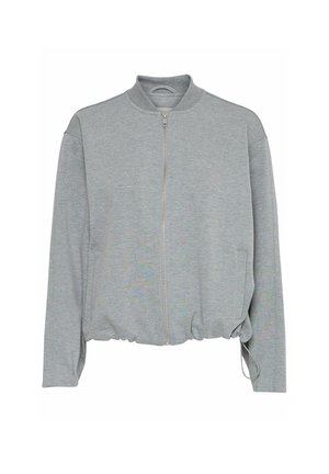 Grå zip-jacka med ståkrage, elastisk nederkant, två framfickor och långa ärmar, tillverkad av mjukt, strukturerat tyg.