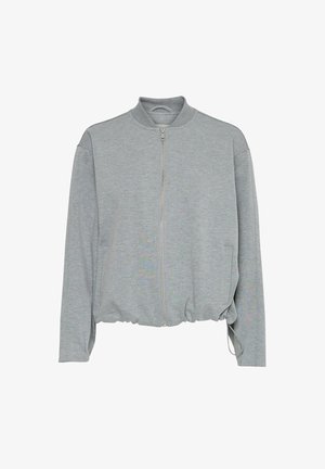 Grey zip-up jacket with a stand collar, elasticized hem, two front pockets, and long sleeves, made from soft, textured fabric.