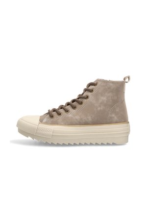 Zapatilla alta beige con cordones en la parte delantera, suela gruesa y texturizada, puntera reforzada y tira en el talón.