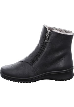 Black leather ankle boot with a side zipper, textured surface, faux fur lining, and a low, flexible rubber sole.