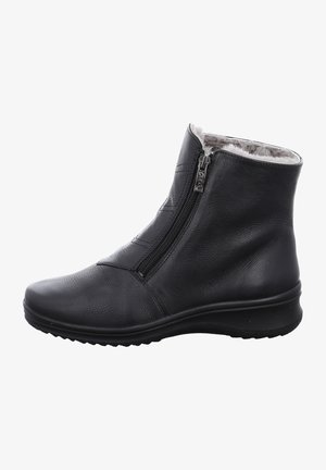 Schwarze Lederknöchelstiefel mit seitlichem Reißverschluss, strukturierten Oberfläche, Kunstfellfutter und einer niedrigen, flexiblen Gummisohle.