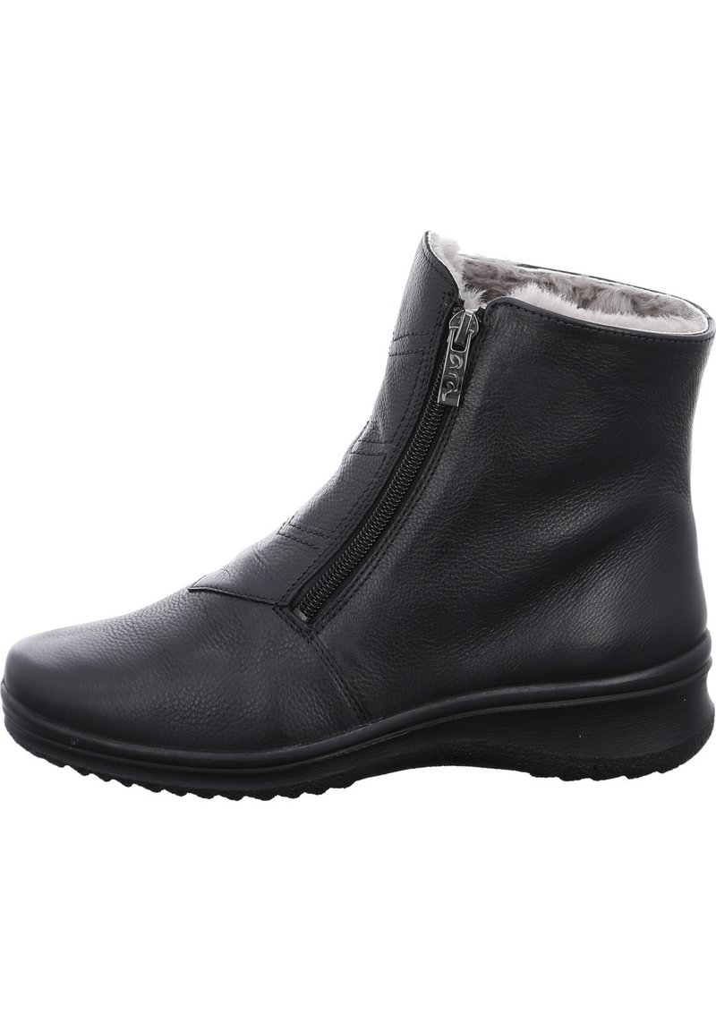 Schwarze Lederknöchelstiefel mit seitlichem Reißverschluss, strukturierten Oberfläche, Kunstfellfutter und einer niedrigen, flexiblen Gummisohle.
