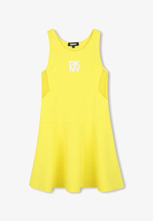Geel mouwloze jurk met een uitlopende rok, voorzien van een DKNY-logo in het wit. Gemaakt van gladde stof met zijopeningen voor extra ontwerpdetail.