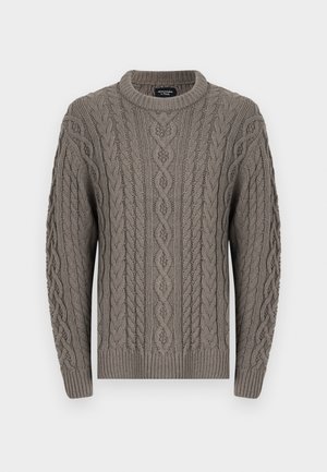 Grauer, kabelgestrickter Rundhalspullover mit komplexen geflochtenen Mustern, gerippten Bündchen, Saum und Kragen, gekennzeichnet mit Abercrombie & Fitch.