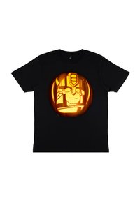 Czarny T-shirt z pomarańczowym, podświetlonym wzorem dyni z stylizowaną twarzą robota, umieszczonym na środku przodu. Standardowy okrągły dekolt.
