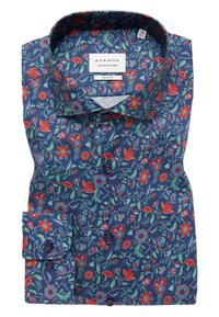 Blomstermønstret slim-fit skjorte i navy med røde og grønne detaljer. Har en kontrastfarvet krave og knapdetaljer, lavet af et glat stof.