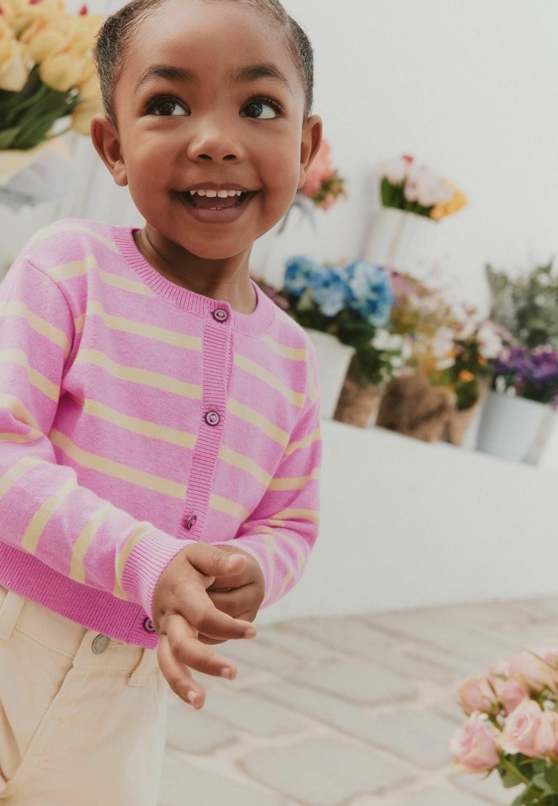 Niño pequeño sonriente que lleva un cárdigan a rayas rosas y amarillas, de pie junto a varias flores de colores en macetas sobre un fondo claro.
