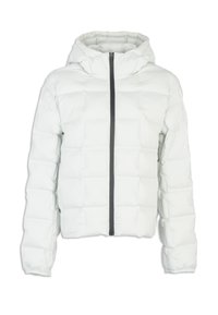 Hvid pufferjakke med hætte, med et kviltet design, front lynlås lukning og mørkegrå lynlåsdetalje. Blød tekstur, cropped pasform.